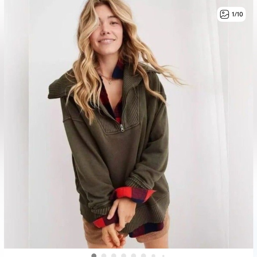 aerie Olive Green Half-Zip Cowl Sweater